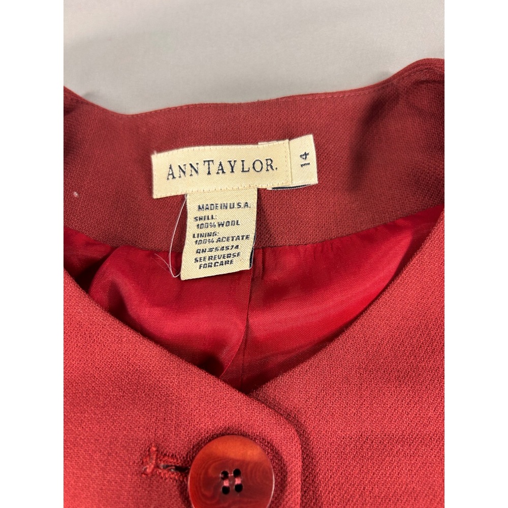 Ann Taylor Red 100% Wool Skirt Suit Set Vintage Made in USA Size 14 Blazer Skirt - Picture 13 of 14